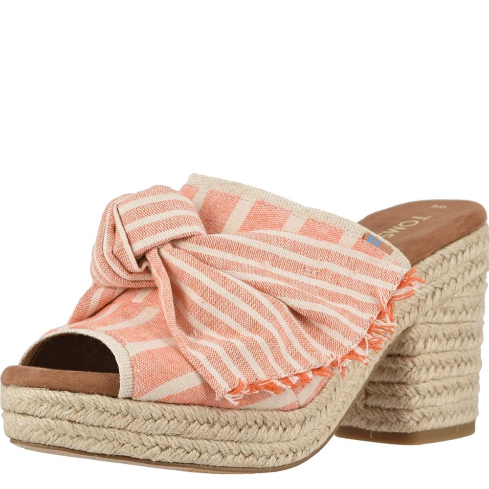 TOMS Junie Orange Cabana Striped Peeptoe Chunky Heel Sandals Sz 8.5
